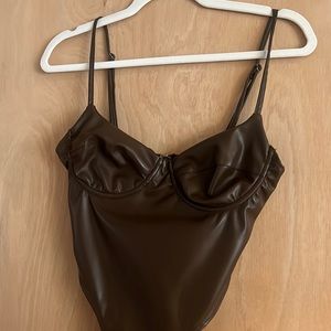 High cut faux leather cupped body suit